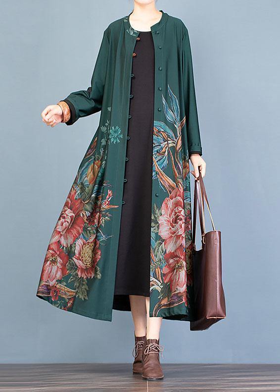 Green Prints Coat Oversize Long Coat Fall Trench Coats O Neck