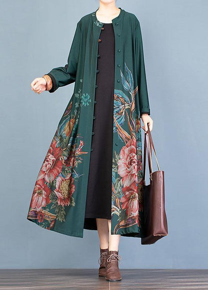 Green Prints Coat Oversize Long Coat Fall Trench Coats O Neck