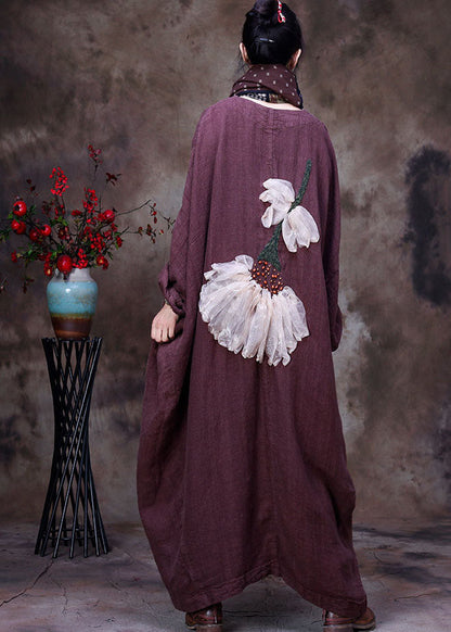 Coffee Linen Trench Coat V Neck Handmade Long Sleeve