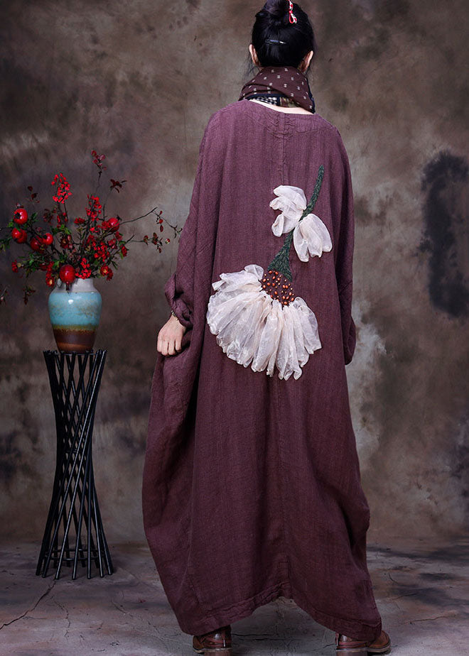 Coffee Linen Trench Coat V Neck Handmade Long Sleeve