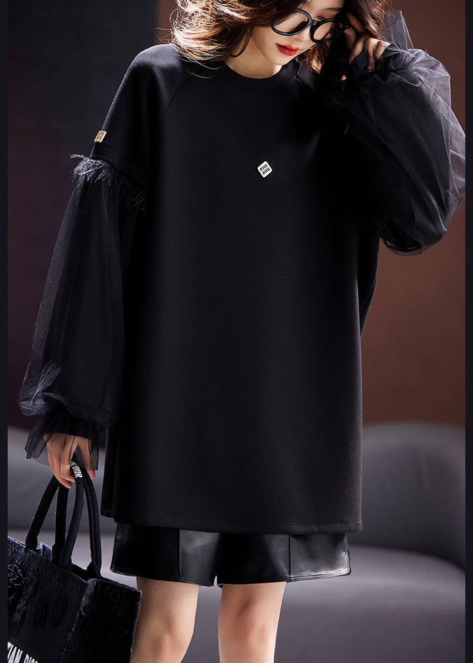 Black O Neck Tulle Patchwork Cotton Sweatshirts Top Fall
