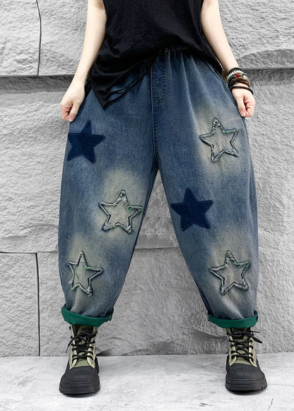 Blue Five Pointed Star Patch Elastic Waist Denim Harlan Pants Spring