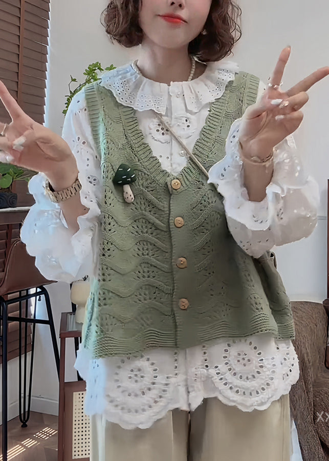 French Handmade White Puff Sleeve Hollow Out Cotton Shirt