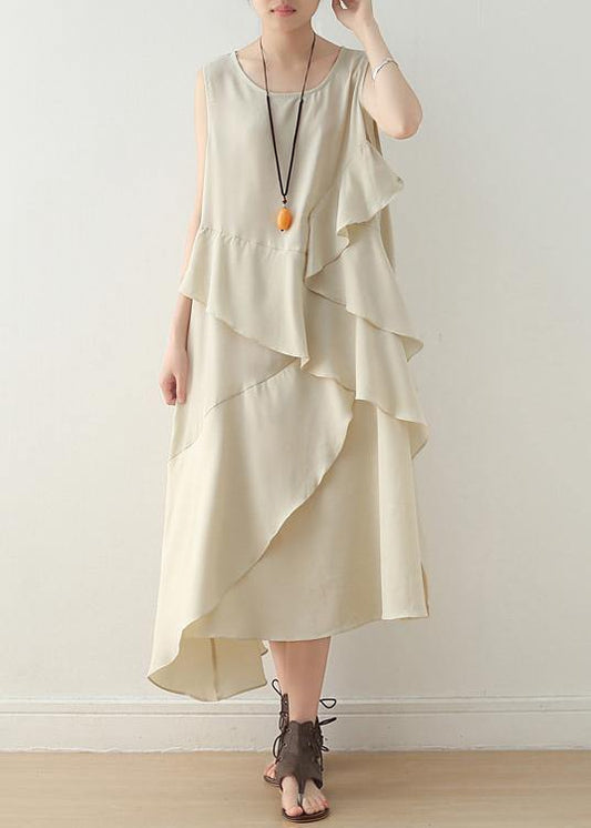 Unique Beige Sleeveless Chiffon Tunic Top Layered Maxi Summer Dress
