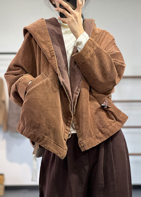 Coffee Hooded Oversized Pockets Corduroy Coat Spring