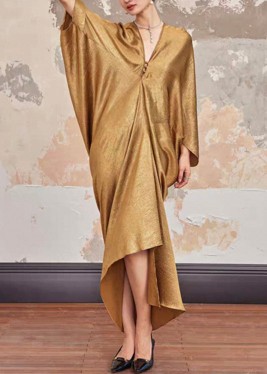 Gold V Neck Silk Long Dresses Batwing Sleeve