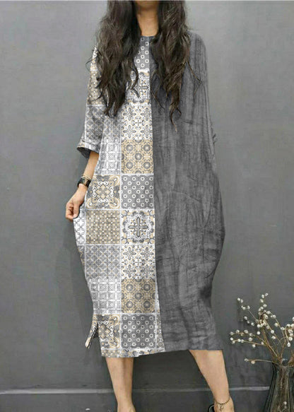 Grey O-neck Wrinkled Side Open Linen Long Dress Batwing Sleeve