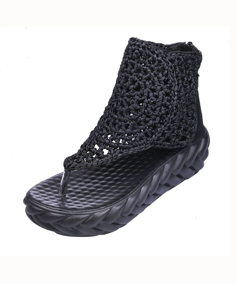 Black Knit Fabric Splicing Platform Peep Toe Sandals