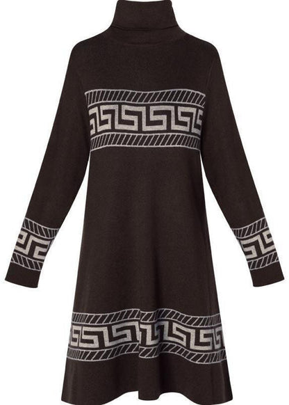 Coffee Print Long a Line Dress Turtle Neck Long Sleeve