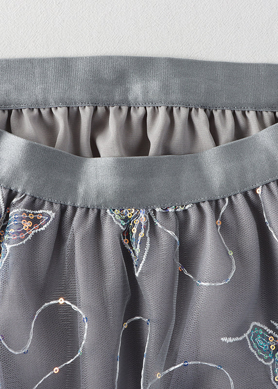 Grey Butterfly Embroideried Elastic Waist Tulle a Line Skirt Summer