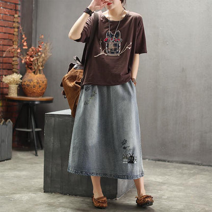 Embroidered Denim Retro Art Long Skirt
