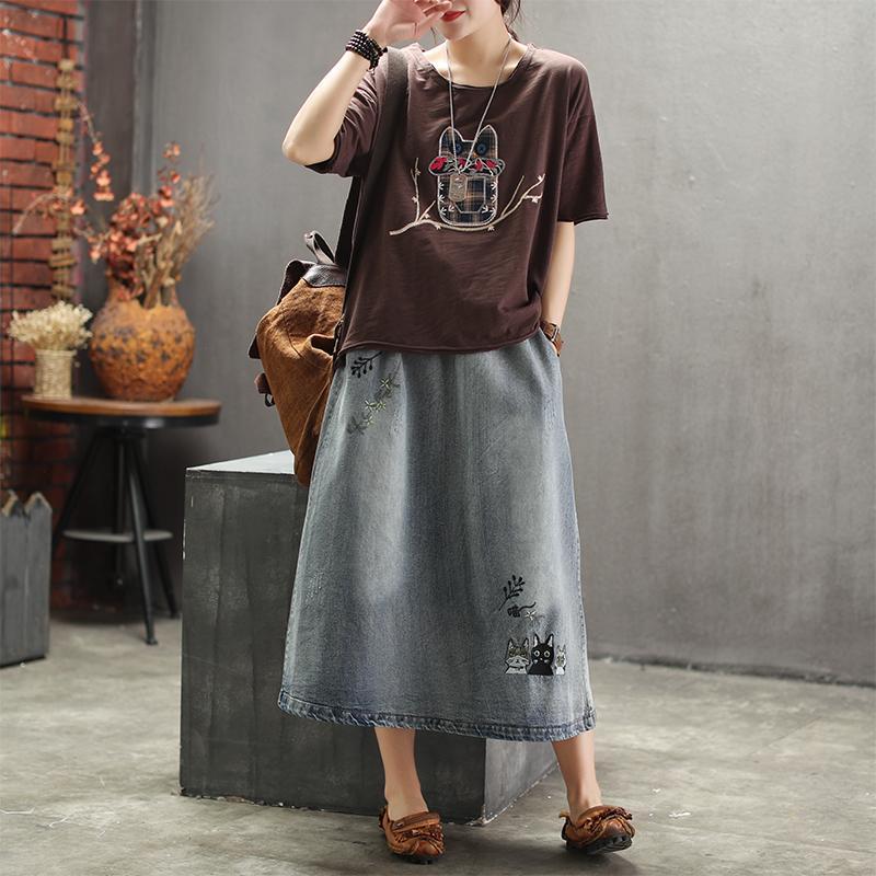 Embroidered Denim Retro Art Long Skirt
