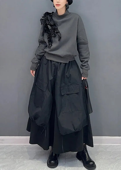 Stylish Grey Ruffled Sweatshirt and Black Skirts Cotton Two Piece Set Fall