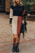 Marcella® | Winter latte knit sweater mini dress with high neck and color block pattern