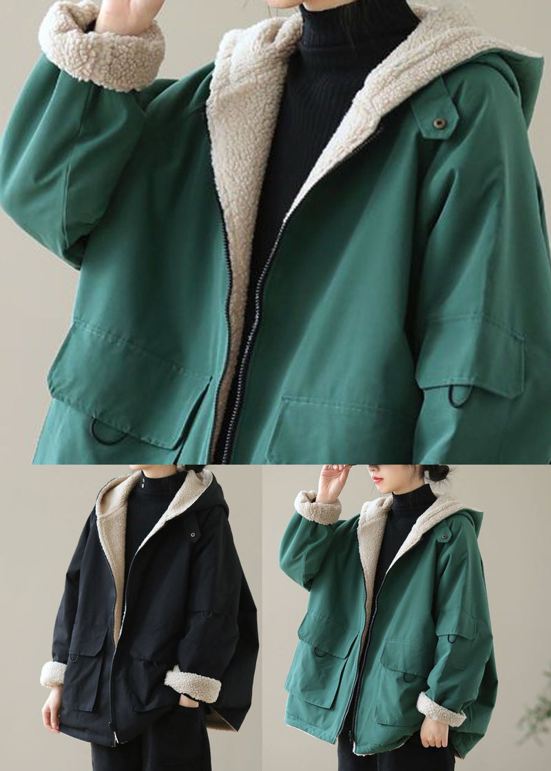 Black Zip Up Pockets Thick Fuzzy Wool Lined Cotton Hoodie Coat Winter