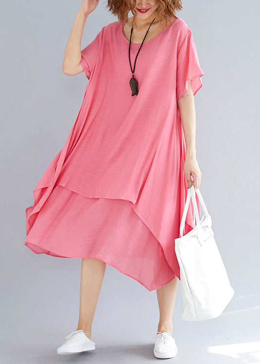 O Neck Asymmetric Linen Clothes Organic Neckline Pink Oversized Dress Summer