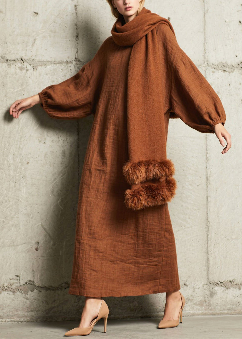 Brown Oversized Cotton Straight Dress Fall