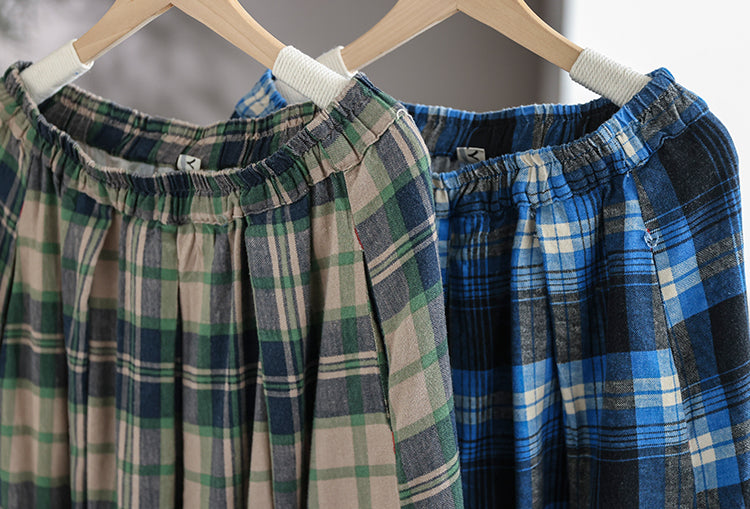 Cotton and Linen Check Elastic High Waist A-line Skirt
