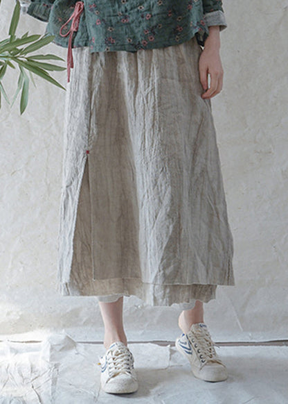 Art Beige Elastic Waist Pocket Double-deck Linen Skirts Spring