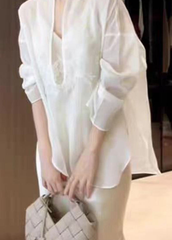 White Top and Skirts Silk Two Piece Suit Set Spring