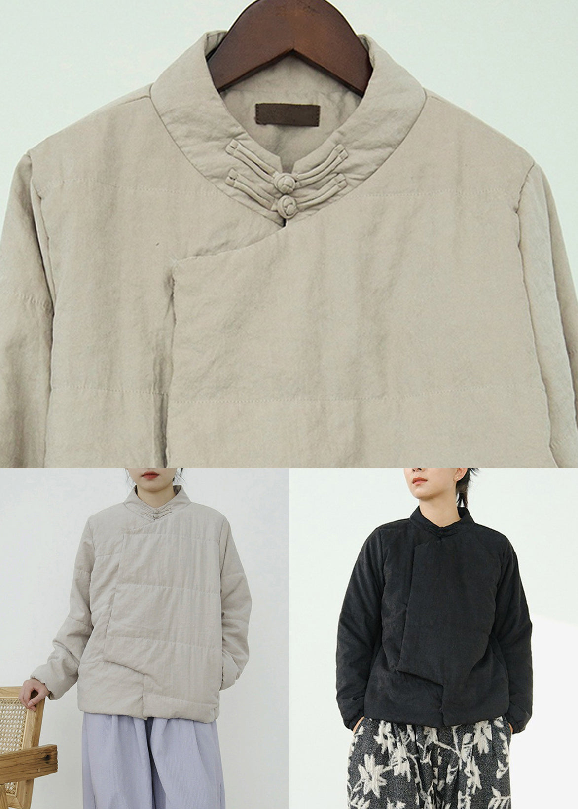 Black Button Pockets Fine Cotton Coats Stand Collar