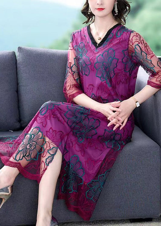 Stylish Purple Embroidered Tulle Maxi Dress Summer