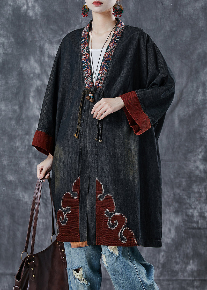 Black Embroidered Patchwork Denim Coats Spring
