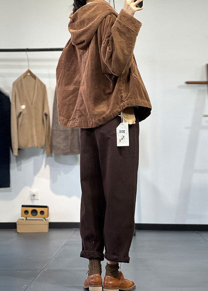 Coffee Hooded Oversized Pockets Corduroy Coat Spring