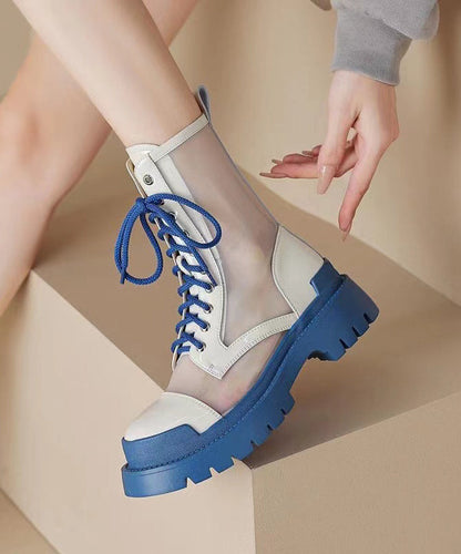Yellow Lace Up Chunky Breathable Mesh Splicing Boots