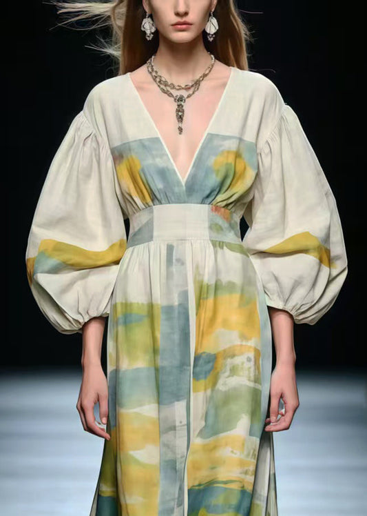 V Neck Print Cotton Long Dress Lantern Sleeve