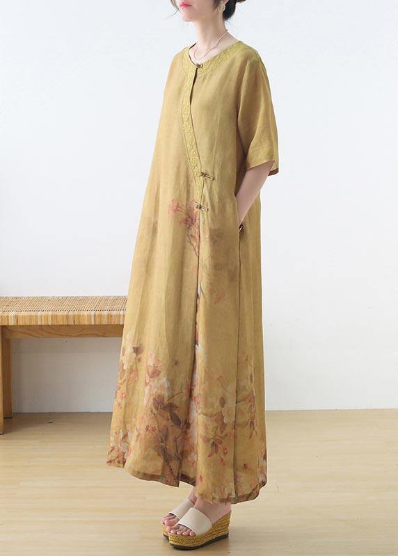 Yellow Print Oriental Party Dress Summer Linen Dress