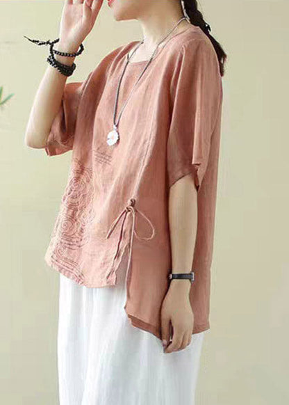 Classy Orange O-neck Embroidered Drawstring Low High Design Cotton Tops Short Sleeve
