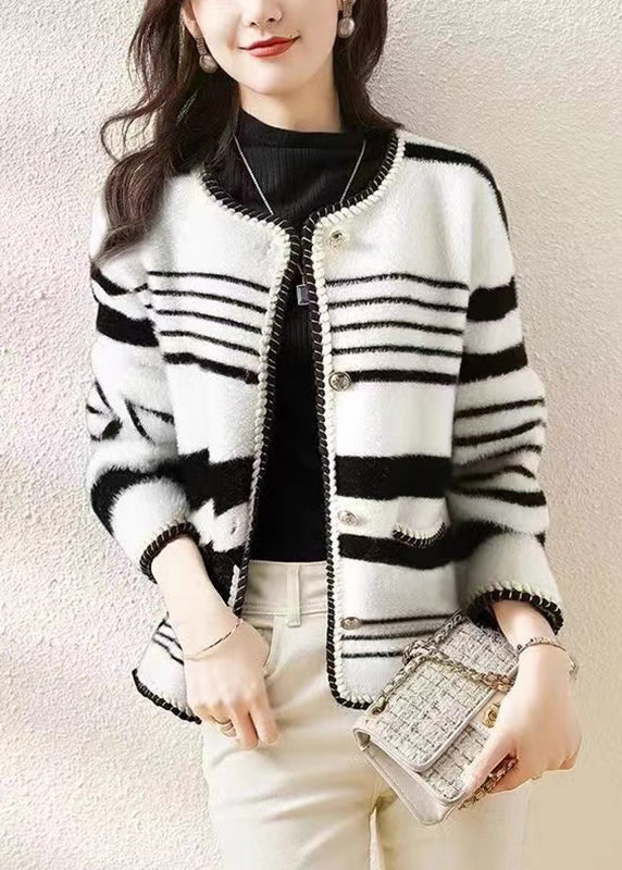 French Black O Neck Striped Mink Hair Knitted Coat Fall