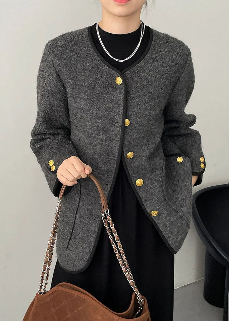 Grey O-neck Button Woolen Jackets Spring