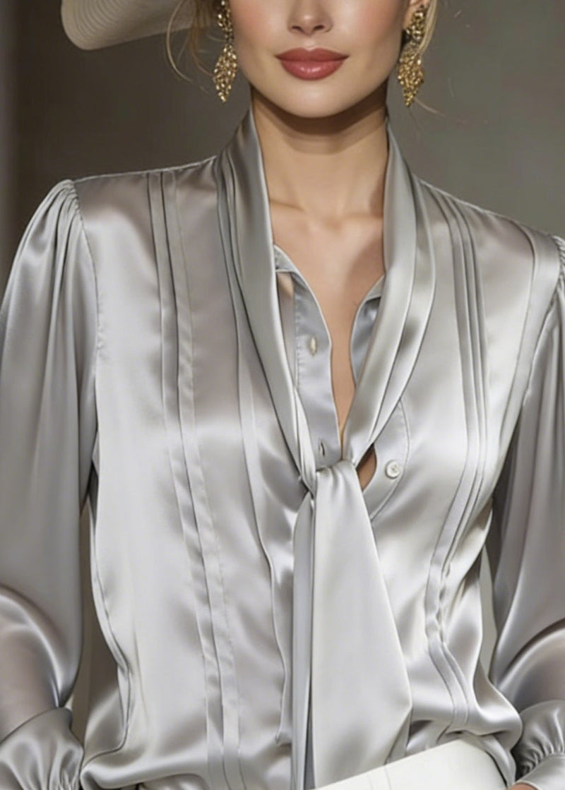 Classy Grey Lace Up Wrinkled Silk Blouses Spring