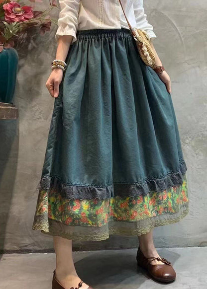 Dark Blue Elastic Waist Lace Patchwork Skirt Spring