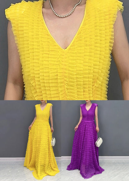 Yellow Wrinkled Vacation Maxi Cake Dresses Summer