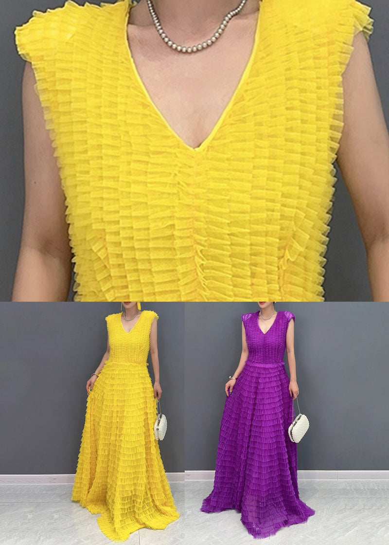 Yellow Wrinkled Vacation Maxi Cake Dresses Summer