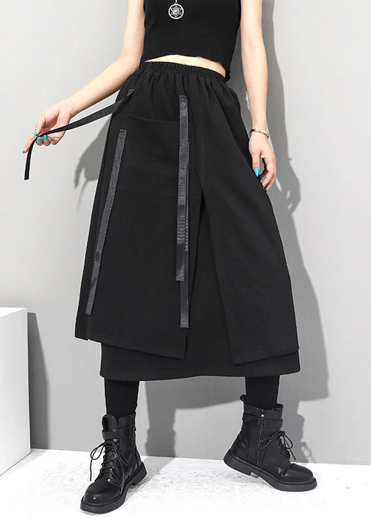 Black Asymmetrical Patchwork Pockets Elastic Waist Skirts Fall