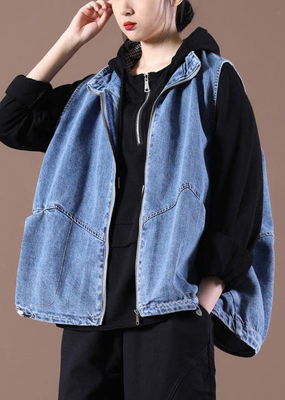 Drawstring Zipper Wash Blue Stand Collar Vest