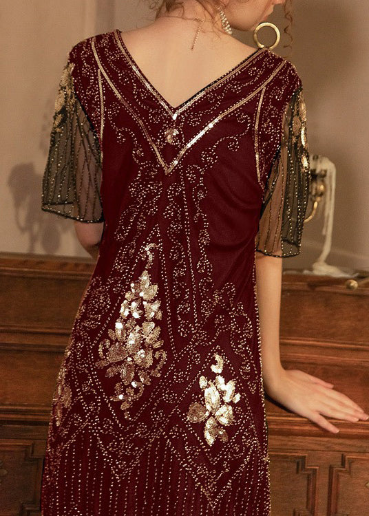 Stylish Mulberry V Neck Tasseled Sequins Long Dress Summer