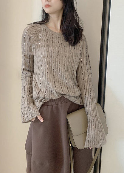 Light Brown O Neck Sequins Knit Sweaters Long Sleeve