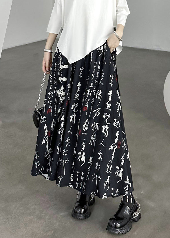 Black Print Side Open Wrinkled Patchwork Cotton Skirts Summer