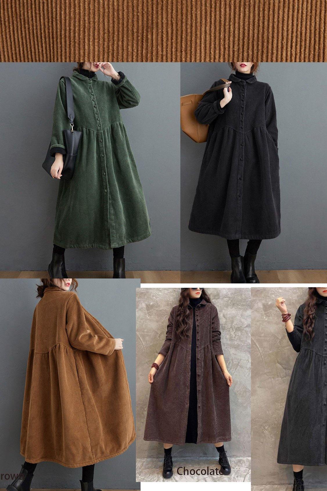 French Blackish Green Corduroy Coats Inspiration Thick Cinched Coats ( Limited Stock)