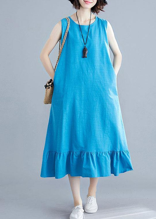 Blue Cotton Clothes for O Neck Sleeveless a Line Summer Dresses