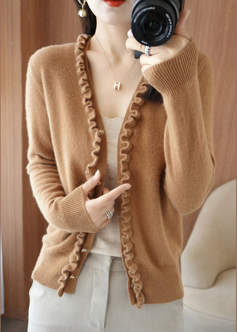 Yellow Camel Colour V Neck Thick Cashmere Knit Cardigans Long Sleeve