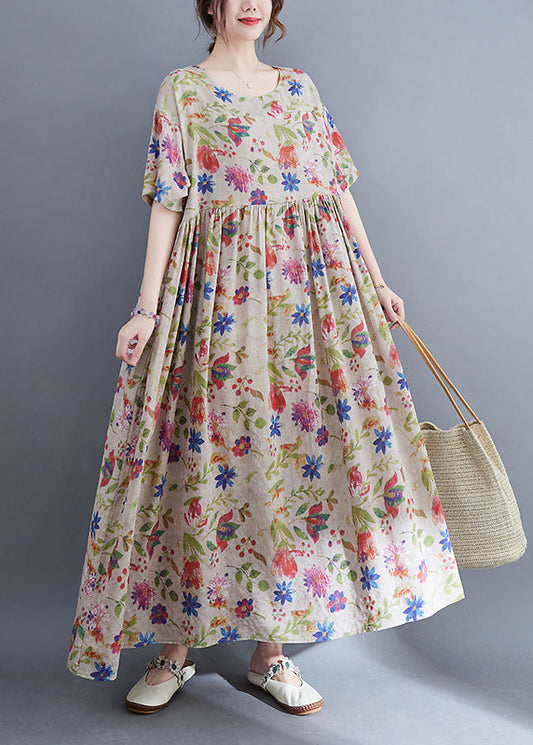 O-neck Cinched Extra Large Hem Print Holiday Dresses Short Sleeve