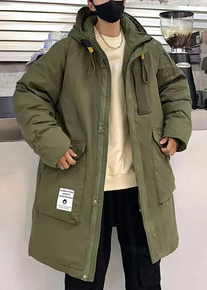 Loose Army Green Hooded Zippered Pockets Duck Down Down Coats Winter