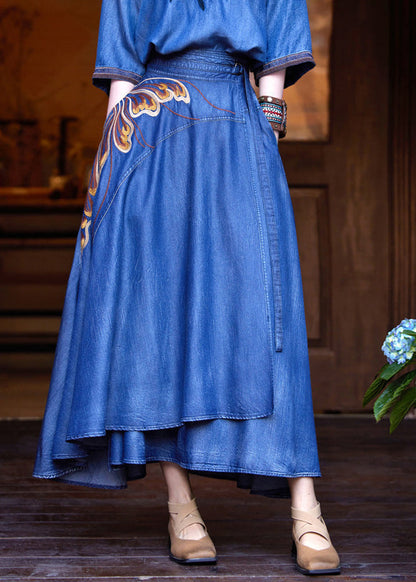 Classy Blue Print High Waist Silk Cotton a Line Denim Skirts Summer