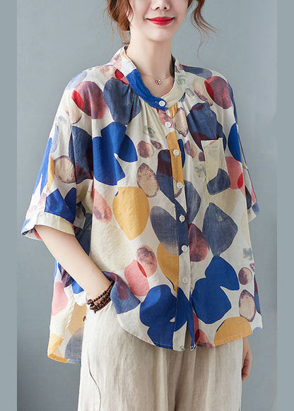 Blue Stand Collar Button Print Fall Half Sleeve Shirt Top
